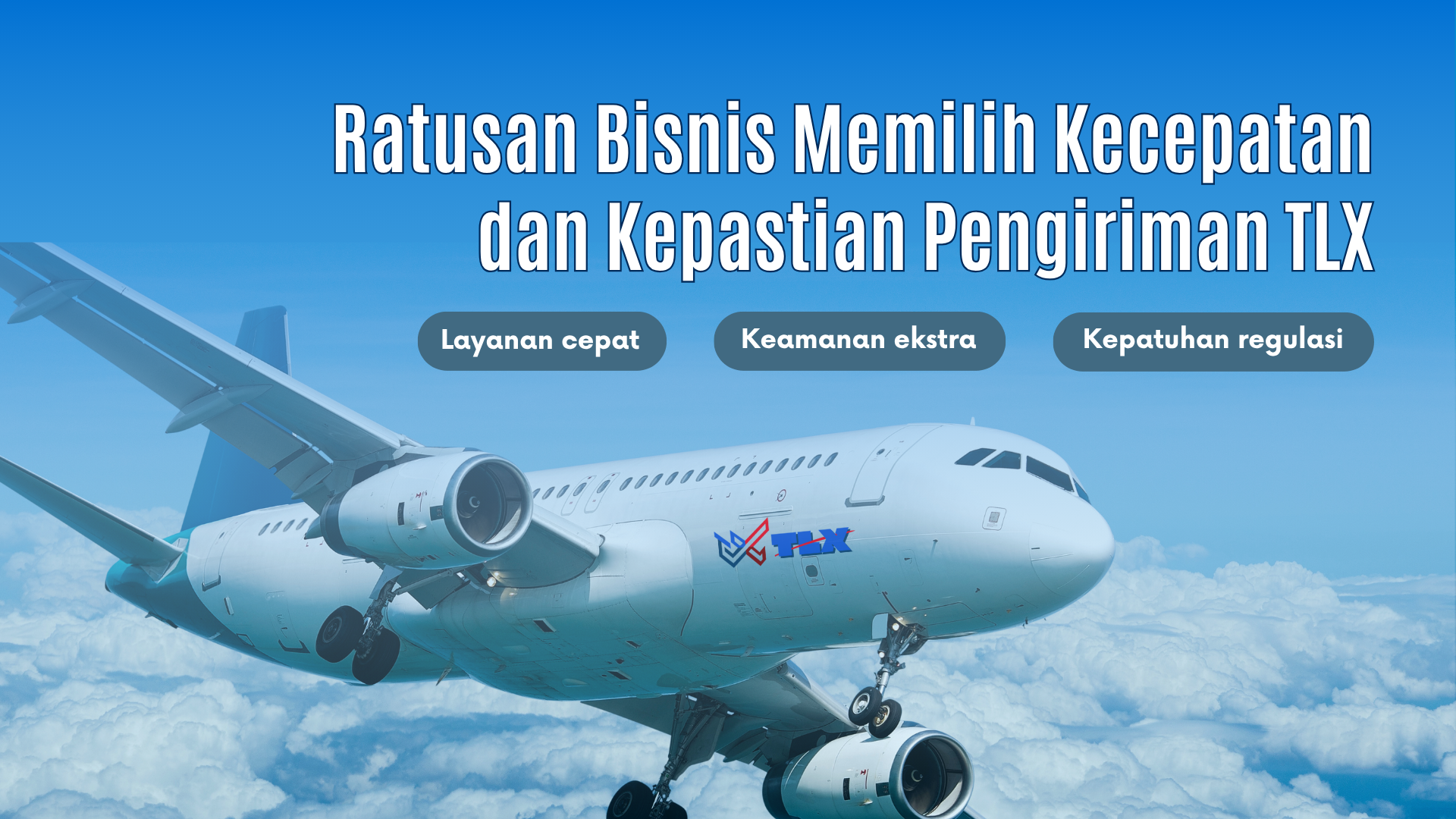 Pesawat TLX di langit biru dengan judul artikel.