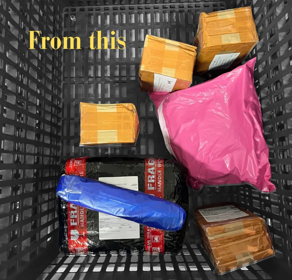 Paket kecil hasil belanjaan yang nanti akan dikonsolidasi oleh TLX, pelayanan bagi customer untuk agar hemat dan praktis